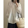 Spring/Summer 2026 Artistic Loose-Fit Plus Size Women's Linen Shirt with Pleated Stand Collar and Long Sleeves