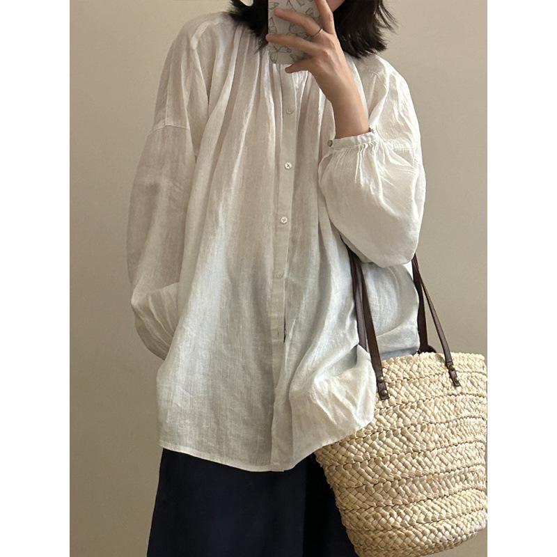 Spring/Summer 2026 Artistic Loose-Fit Plus Size Women s Linen Shirt with Pleated Stand Collar and Long Sleeves XL