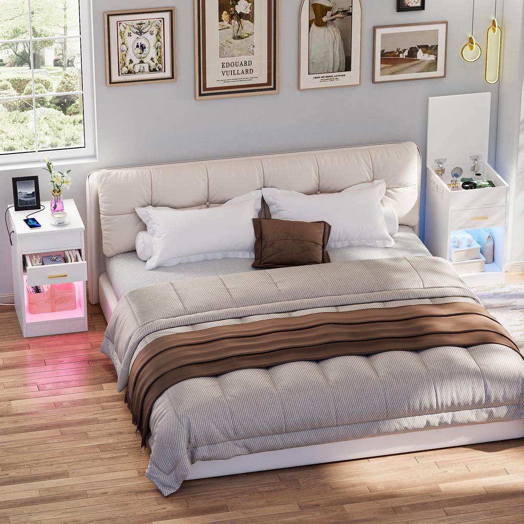 Bedside Nightstand Featuring Technology and Integrated LED Lights Charging Station Ports for Modern Homes Table De Chevet