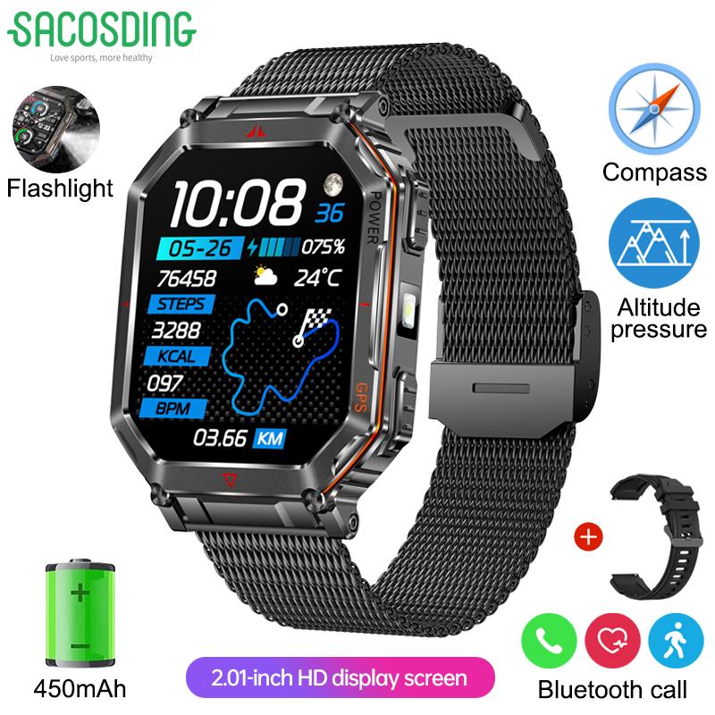 SACOSDING Rugged GPS Smart Watch 2.01" HD Screen 3ATM Waterproof Bluetooth Call Men Smartwatch GPS Positioning Compass Flashlight