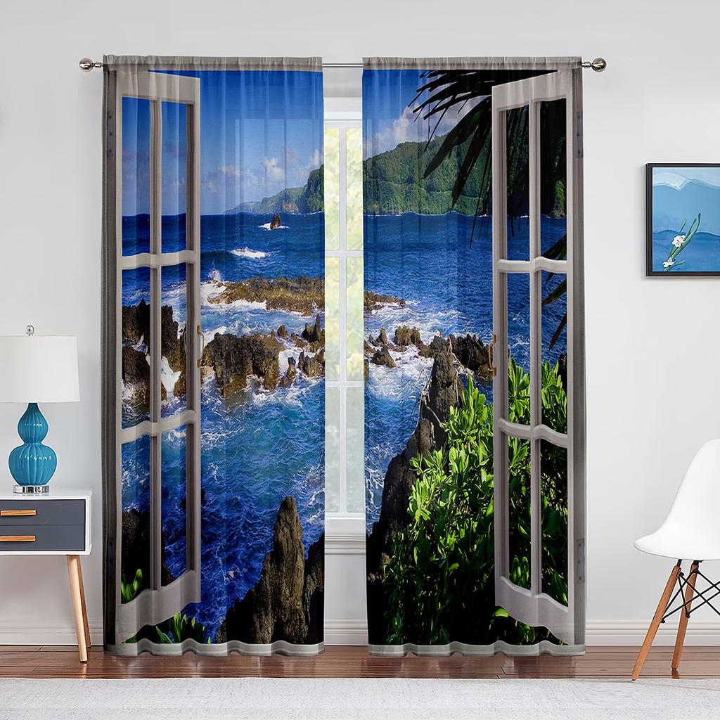 Beach Sea Ocean Sunset Cortinas Windows Scenery Curtains for Living Room Kitchen Blinds Windows Curtains for Bedroom Decor 2pcs