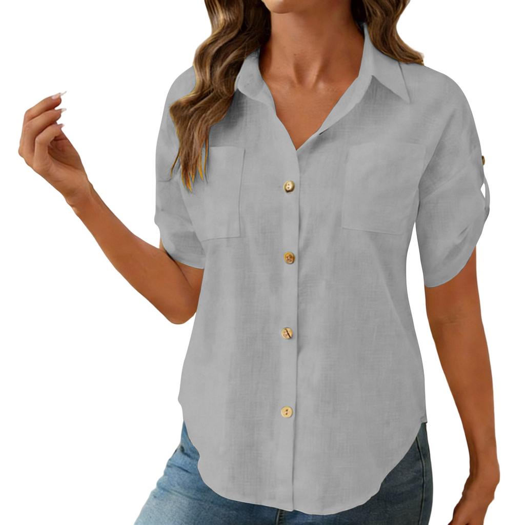 Women's Fashion Casual -Colour Short-Sleeved Buttoned Pocket Cardigan T-Shirt Top