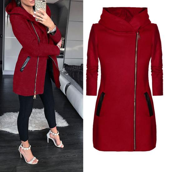 Mode Frauen Einfarbig Zip up Langarm Kapuzen Tasche Jacke Mantel Oberbekleidung