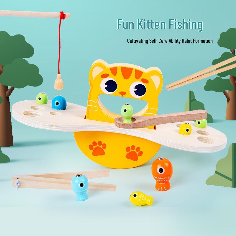 

Wooden Kitten Fishing Game & Balance Blocks: Educational Toys for Toddlers