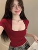 Wine Red Women's U-Neck Short Sleeve Top - Slimming French Style Summer T-Shirt