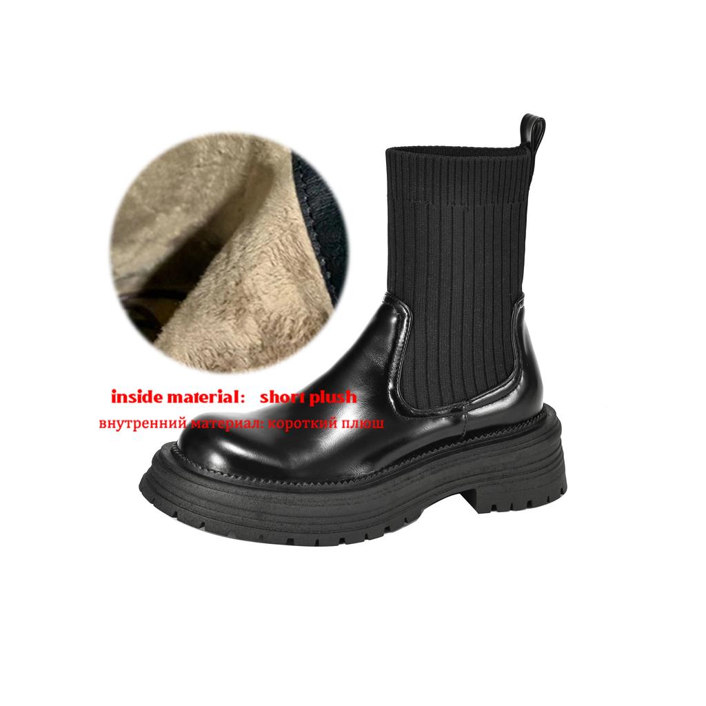 Krazing Pot Microfiber Autumn Winter Shoes Thick High Heels Flat Platform Size 43 Motorcycle Boots Knitwear Non-slip Ankle Boots
