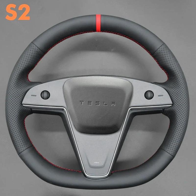Hand Stitch Non-slip Car Steering Wheel Cover for Tesla Model 3 S X -2024 DIY Soft Suede White Stripe Car Interior