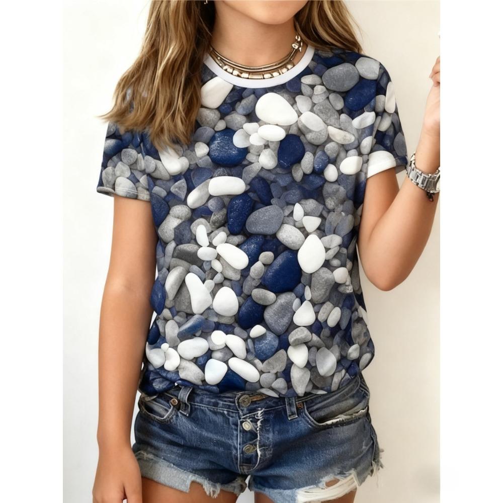 Children's Cute Multicolor Stone 3D Printing T-shirts Girls Fashion Soft Comfortable T-shirts Kids Top