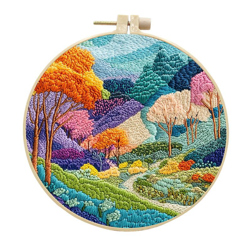 1pc Pastoral Landscape Pattern Embroidery DIY Fabric Craft Kit with Tools