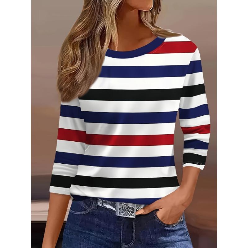 Повседневная модная праздничная женская футболка с принтом в полоску по всей поверхности, с круглым вырезом, стандартного кроя S