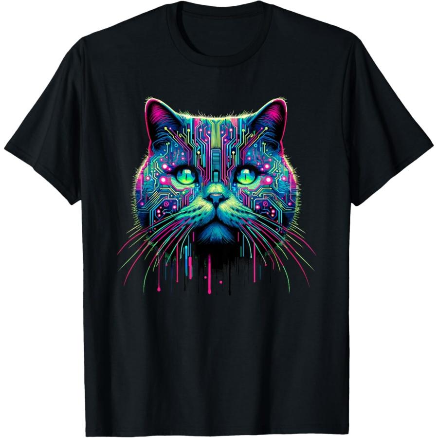 Futuristic Synthwave British Shorthair Cat T-Shirt XXXXXL чёрный