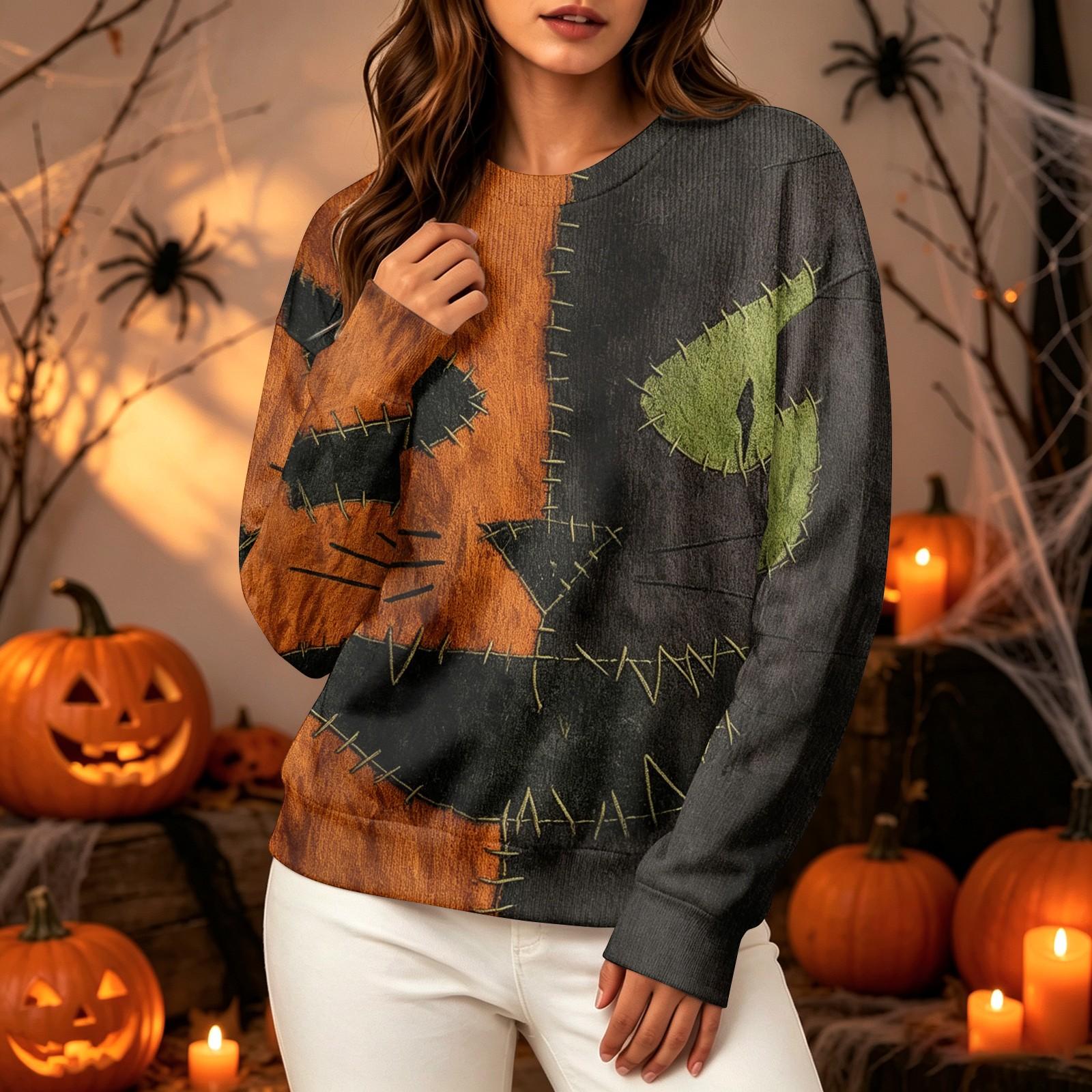 Women s fashion casual long-sleeved halloween printed round neck sweater top L