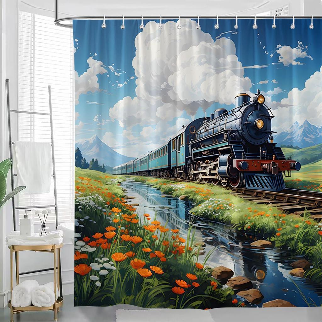 Train Shower Curtain Vintage Old Steam Engine In The Field Railroad Tracks Wildflowers Floral Farmhouse Landscape Bathroom Decor