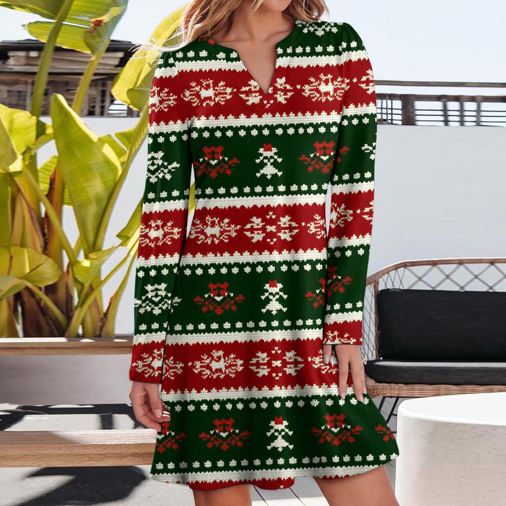 Dámské vánoční šaty s potiskem Volné šaty s výstřihem do V a dlouhým rukávem pro volný čas