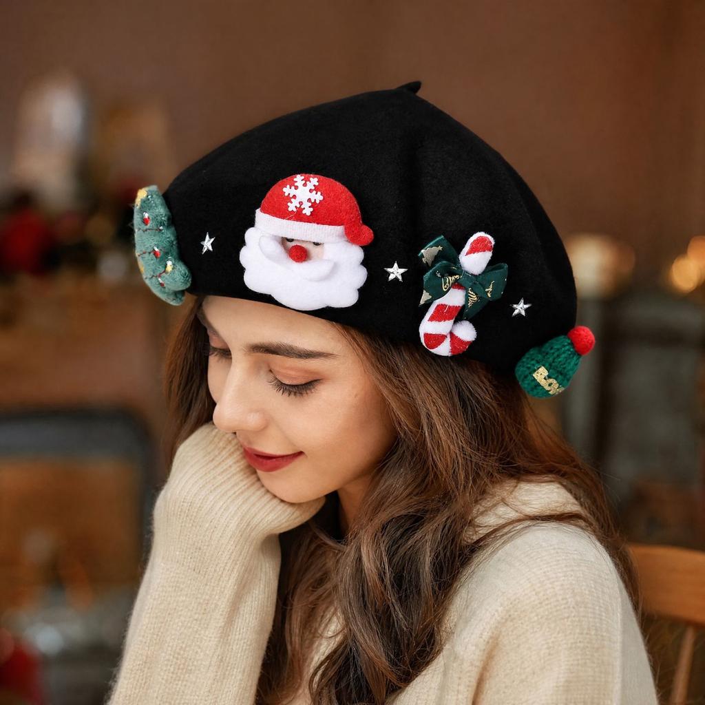 Women's Christmas Warm Beret with, Stylish Versatile Painter Hat