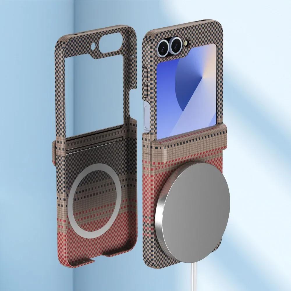 High Quality Kevlar Carbon Fibre Leather Wireless Charging Phone Case for Samsung Z Flip 7 7FE 6 5 4 3 Magnetic Hinge Protective Cover
