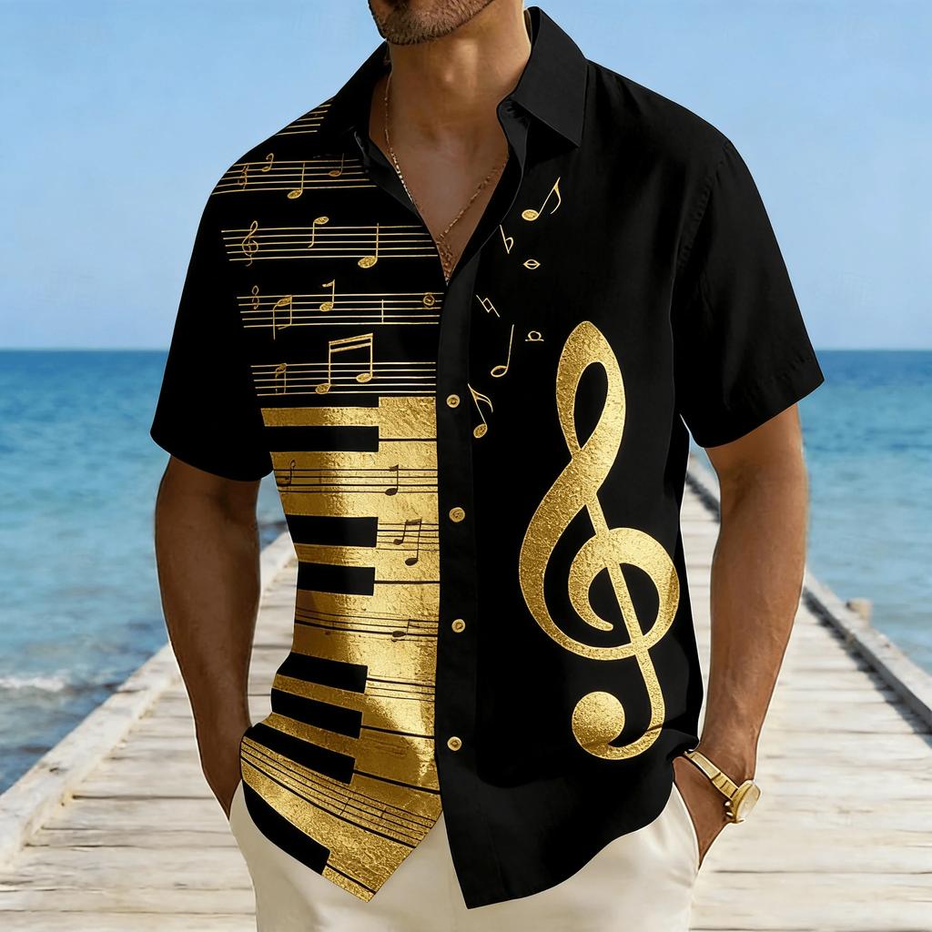 Music Lover's Short Sleeve Shirt with Piano Key & Note Print, Casual Summer Essential
