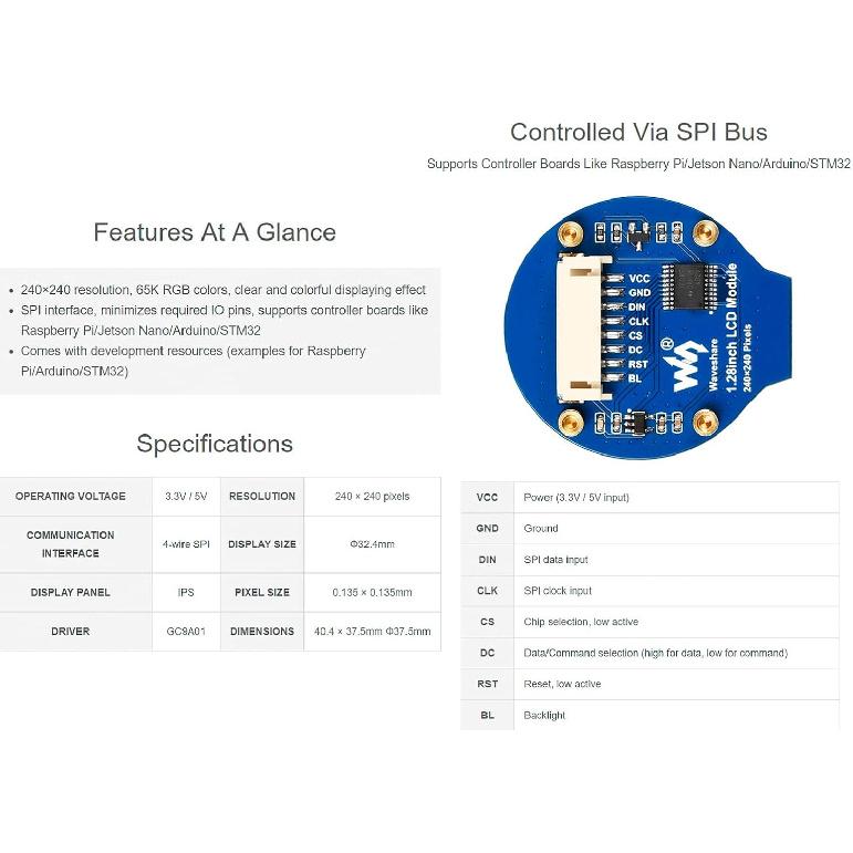 1.28inch Round LCD IPS Module 240x240 Resolution 65K RGB Colors SPI Interface for Arduino/Raspberry Pi/Jetson Nano/STM32