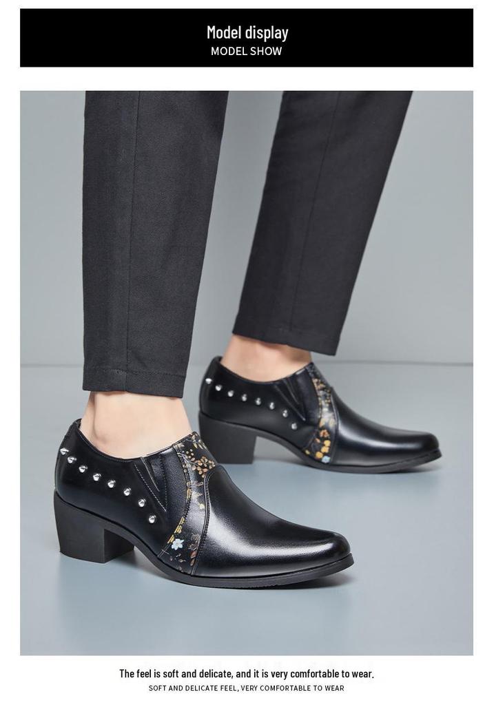 Men's Large Size Pointed Toe Leather High Heel Shoes - European American Fashion Rivet Cuban Style for Business and Casual Wear