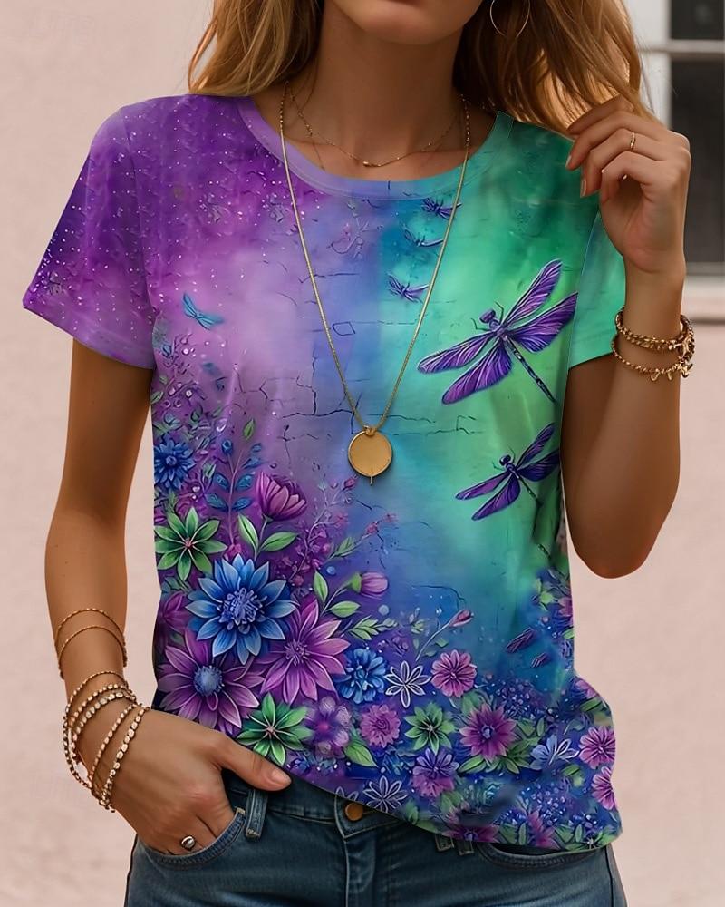 Vintage Kunst libelle Patroon Dames T-shirt Zomer 3D Print Ronde Hals Buiten Korte Mouw polyester Tops Dames Kleding