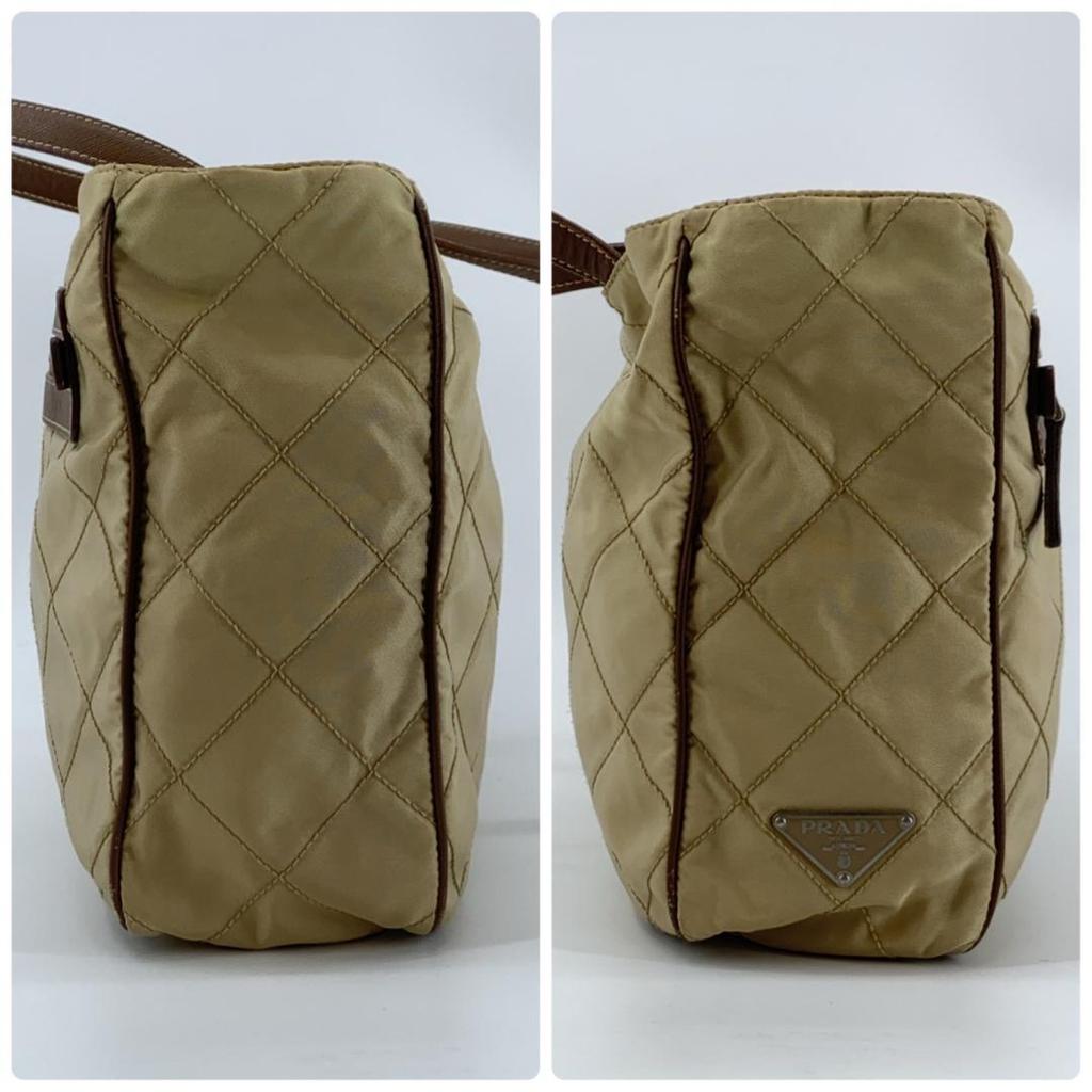 Prada Quilted Tessuto Nylon Tote Boston Bag Handbag One Shoulder Brown Beige Leather Triangle Logo Plate