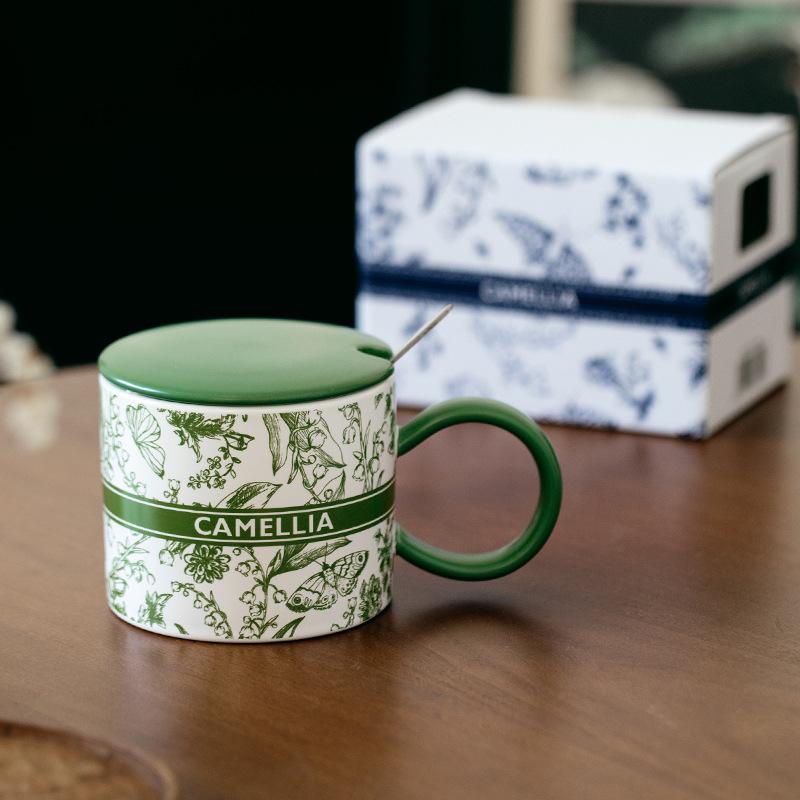 

Ink and Wash Ceramic Mug Home High Precision Retro Pattern Water Cup High End Feeling with Lid Office Drinking Water Cup 380ml