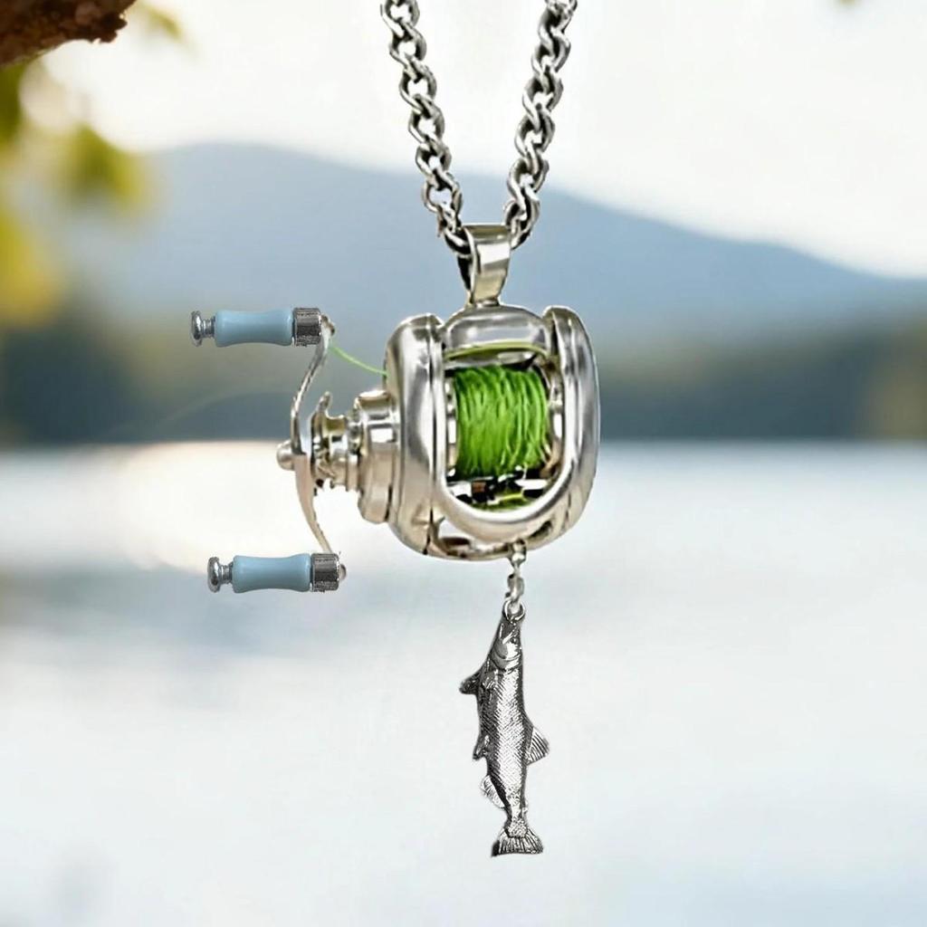 Men Women Mini Fishing Reel Jewelry Set Line Wheel Pendant Necklace Fashion Sporty Outdoor Fishing Jewelry Gift for Anglers
