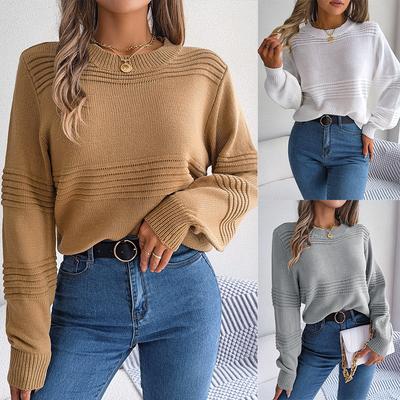 Autumn Winter Casual Solid Color Sweater Women O-Neck Long Sleeve Knitted Pullover Basic Versatile Tops White Khaki Gray