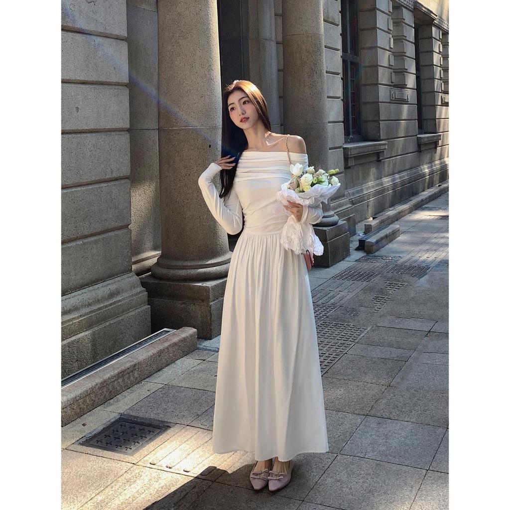 2023 Luxury One-Shoulder White Long-Sleeve Autumn Dress for Women