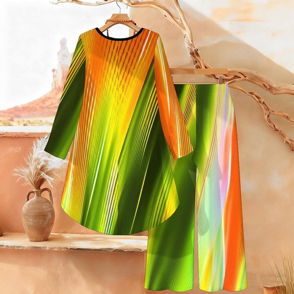 Marble Print Two Piece Outfit Women Long Sleeve Irregular Hem Tunic Top Wide Leg Pants Casual Matching Set