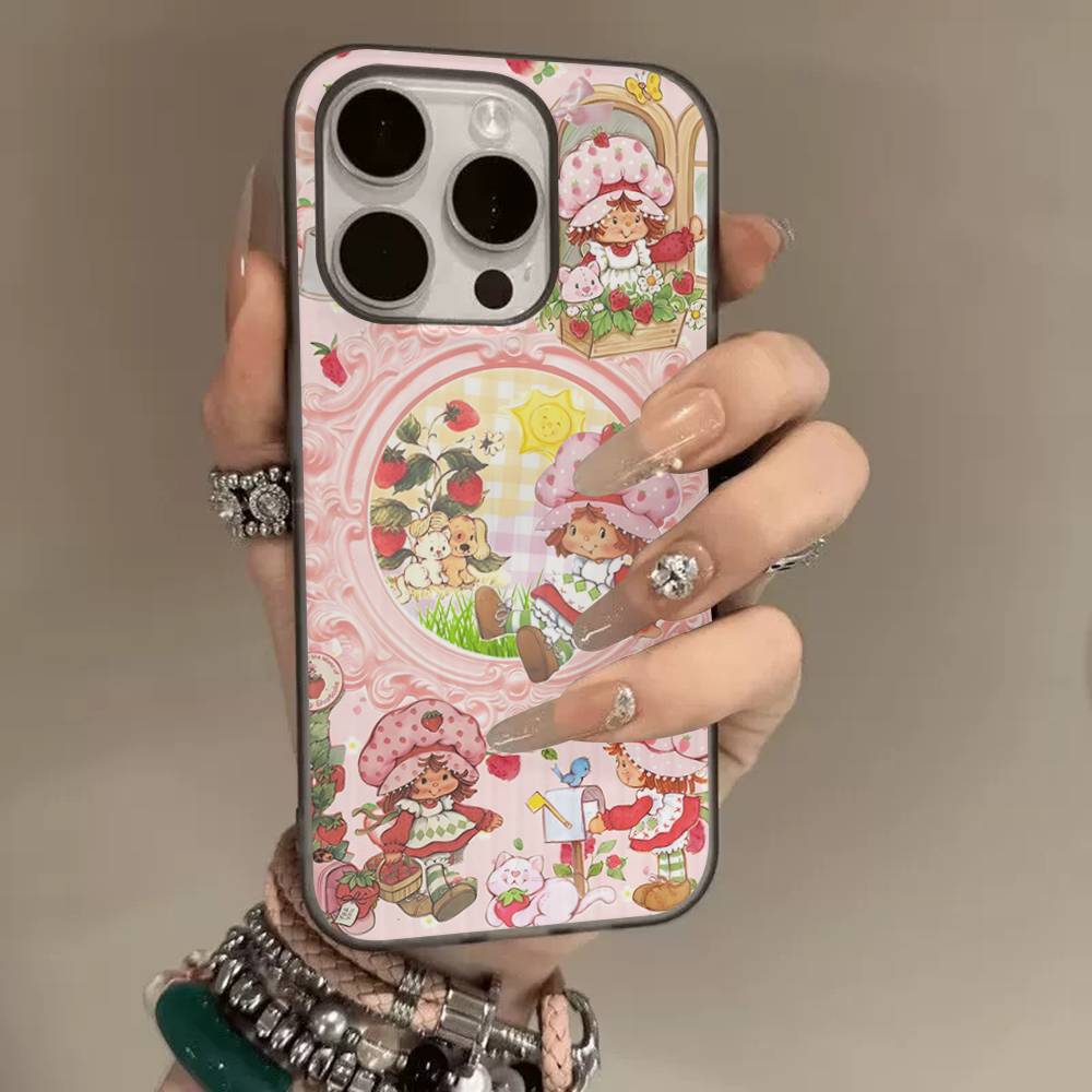 Cartoon Girl S-Strawberry S-Shortcake Corrugated Stripe Phone Case For IPhone 17 16 15 14 13 12 11 Pro Max Plus Pro Shockproof