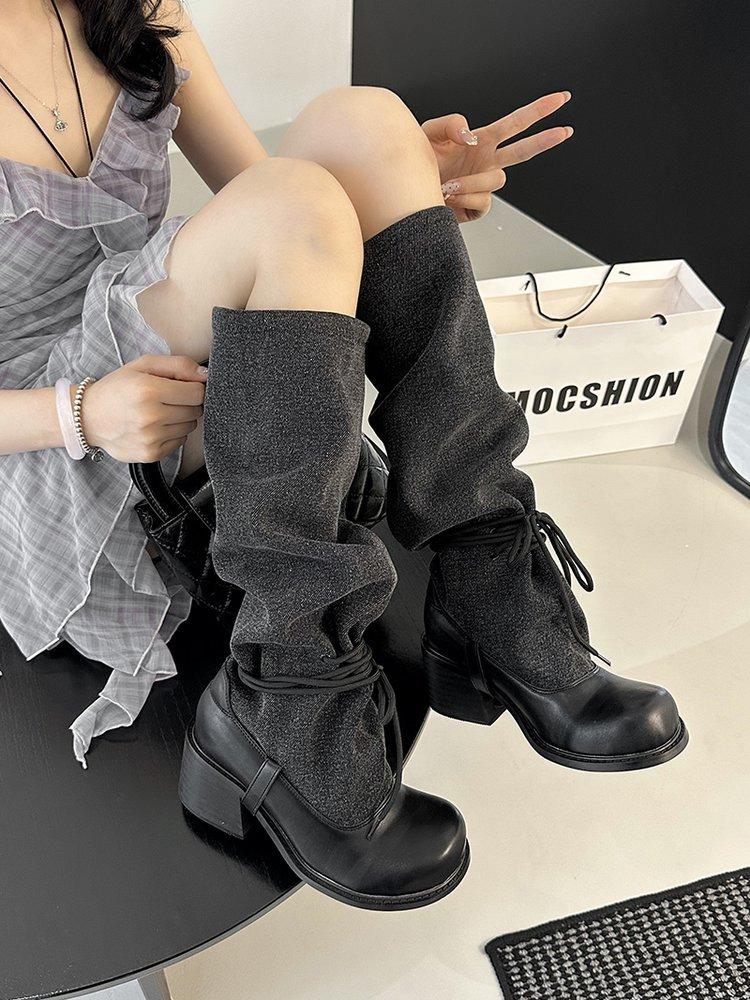 Niche Design Fashionable Boots 2025 Autumn New Retro Spice Girls Stacking Boots Thick Heel Thin Knight Boots