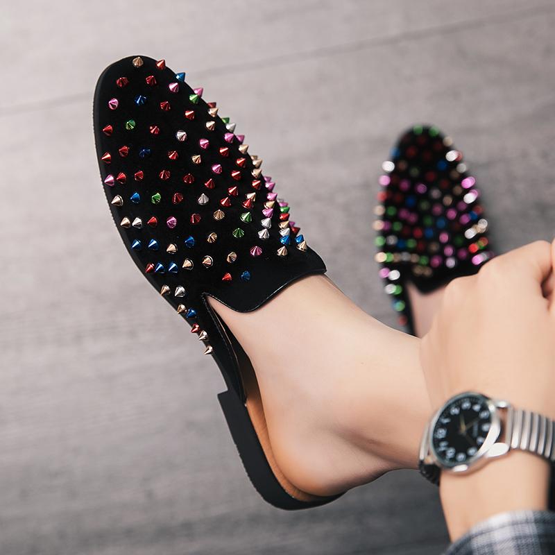 Fashion Men Half Loafers Genuine Leather Rivet Slippers Breathable Man Outdoor Mules Lightweight Drag Shoes Buckle Casual Shoes