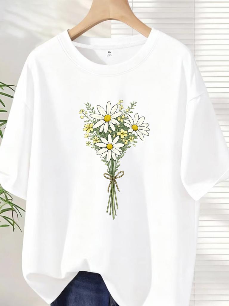 Zxh10195flower Plus Size Unisexs Round Neck Short Sleeve Tshirt With Elastic Half Sleeves And Trendy Prints