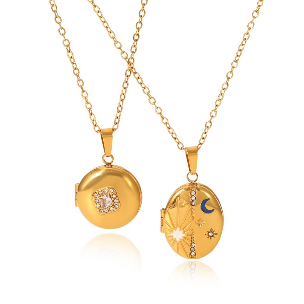 8-pointed star moon diamond-encrusted magnetic photo locket pendant stainless steel necklace, premium clavicle chain jewelry
