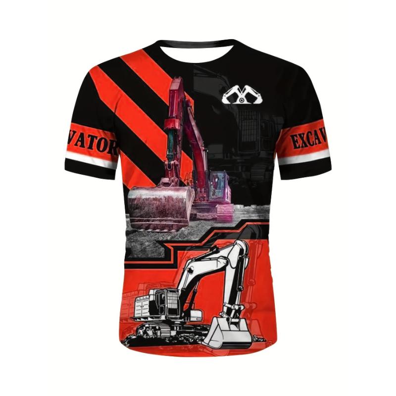 Summer Fashion Excavator Pattern Printed Men's T-shirt Short sleeved Daily Outdoor Leisure Round Neck Short Sleeve