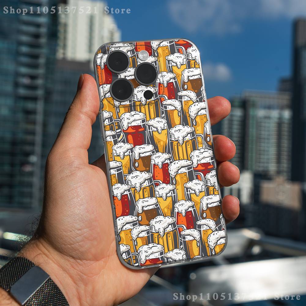 Beer Alcohol Art Pattern Phone Case For iPhone 17,16,15,14,13,12,11 Pro,Max,Plus,X,XS,XR,SE4,E Mini Transparent Soft Cover