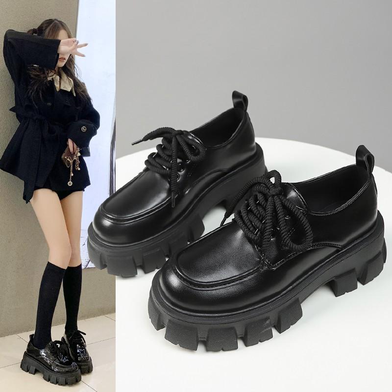 Height-increasing Loafers 2025 New Platform Muffin Shoes Women's Autumn British Style Patent Leather Small Leather Shoes Round Head Lace-up Single Sho