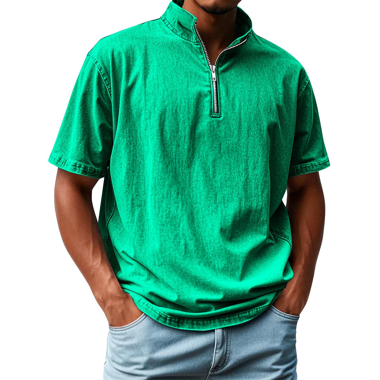 

Мужская летняя однотонная рубашка с коротким рукавом и винтажным лацканом на молнии XXXL зелёный
