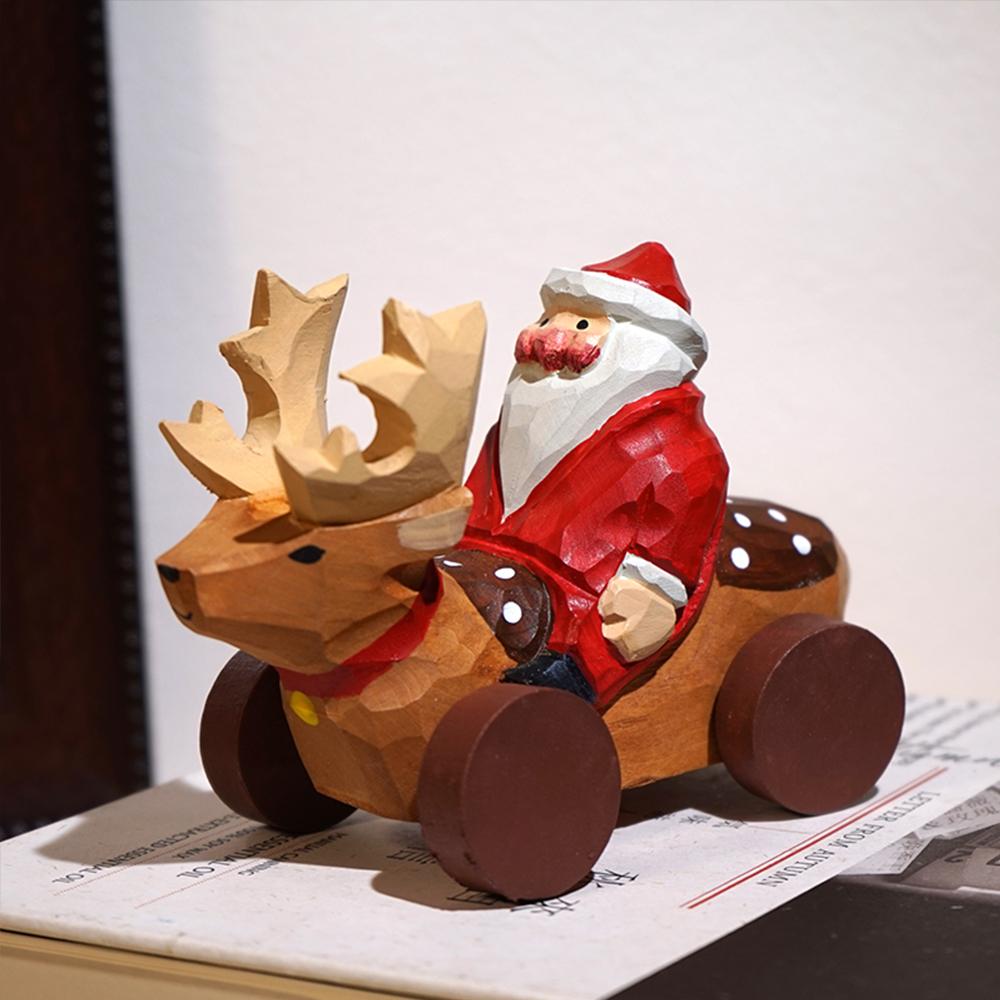 Christmas Decoration Handmade Wood Carving Santa Claus Ornaments Desktop New Year Gifts  Santa Claus driving a deer cart красный