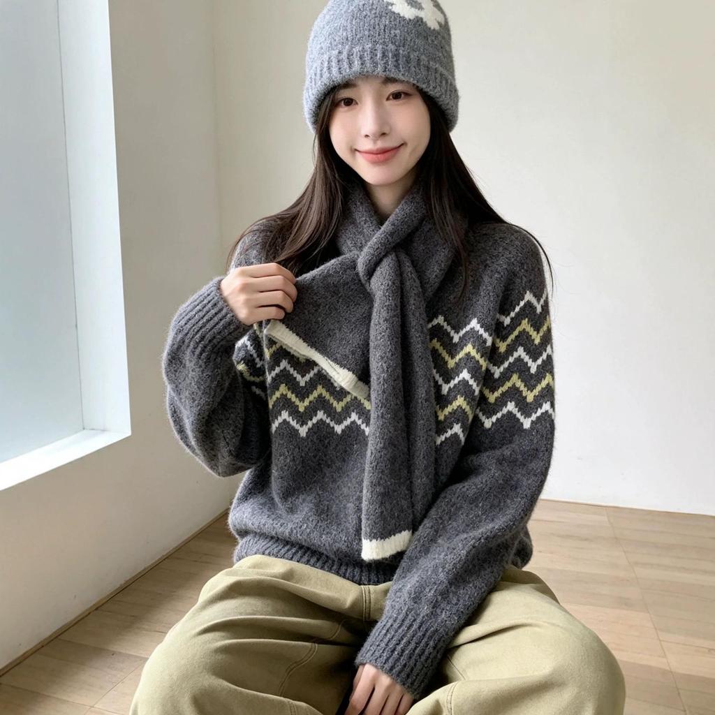 Pink Wave Pattern Neck Warmer Sweater for Women: Soft, Fluffy, Loose Fit with Built-in Scarf - Perfect for Early Autumn/Winter.
