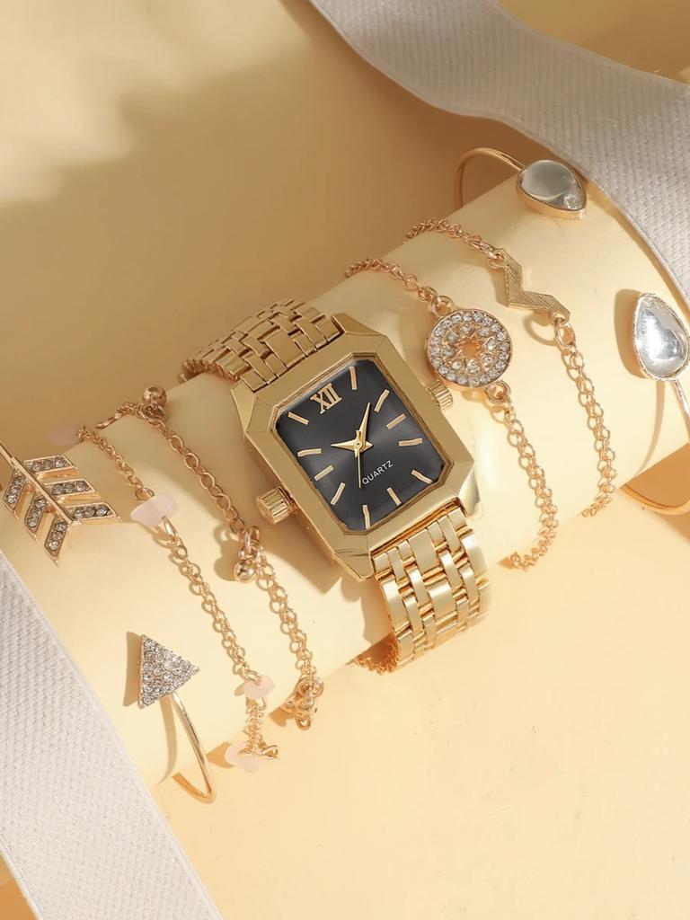 Fashionable simple versatile steel band square dial women's quartz watch bracelet set of 7, suitable for Christmas and Thanksgiv