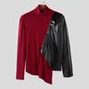INCERUN Autumn Men's High Neck Long Sleeve PU Patchwork Irregular Casual T-shirts Undershirts