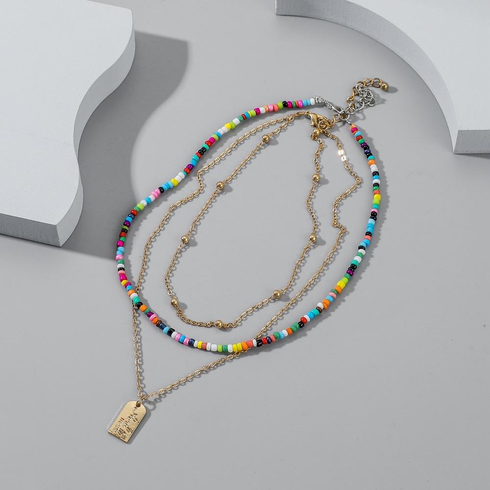 2 Pcs/set Women's Necklace Bohemian Style Multi-layer Color Seedbead Metal Pendant Necklace