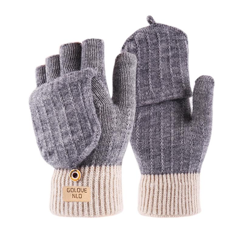 Half finger flip gloves winter ladies cute fleece cold-proof warm wool knitted autumn and winter dew fingers