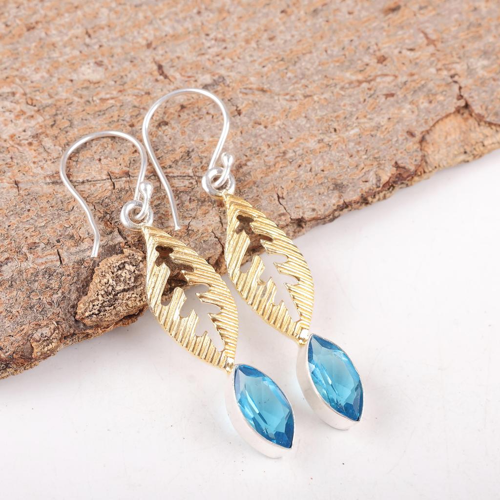 Designer Swiss Blue Topaz Gemstone Jewelry, Handmade Beautiful Earrings, 925 Sterling Silver Jewelry For Wedding Gift
