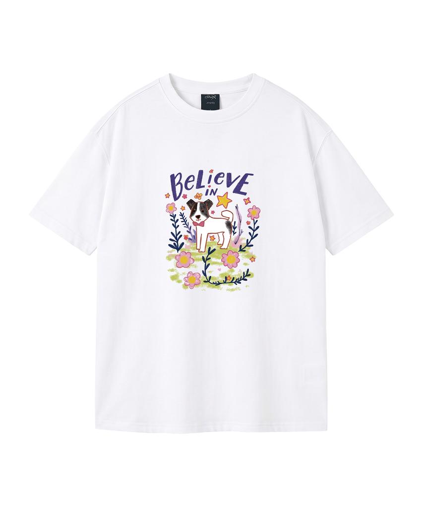 WILDROCK Flower Garden Puppy Pigment Oversized Short Sleeve T-Shirt (Cropped) (Type A)