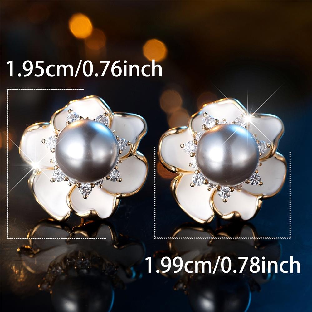 Cute Female White Crystal Gray Pearl Enamel Gold Color Flower Stud Earrings Lovely Bridal Wedding Jewelry For Women
