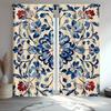 1Pc Navy Blue And Red Floral Print Curtains, Polyester Fabric, Machine Washable, Suitable For Living Room And Bedroom Decoration
