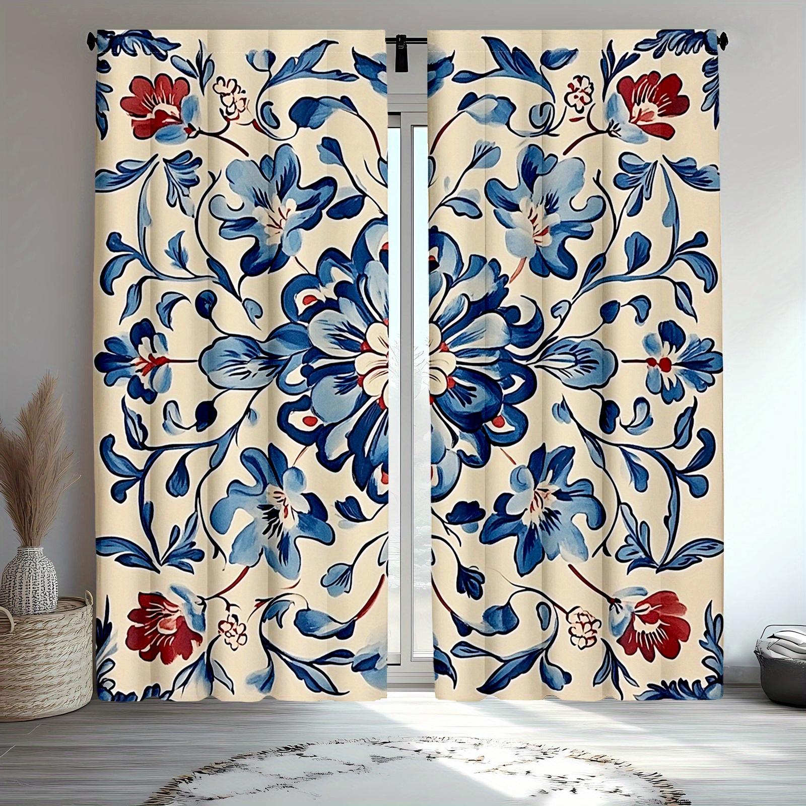 

1 шт. Темно-синие и красные шторы с цветочным принтом, полиэстеровая ткань, машинная стирка, подходят для украшения гостиной и спальни 53x116cm &2pc